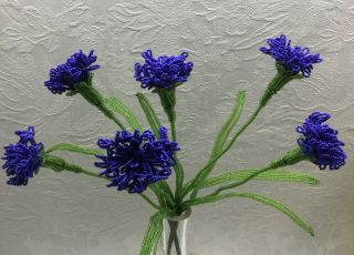 Vintage French Glass Beaded Flowers - Blue Cornflowers,  10”,  6 Flowers,  2 Stems