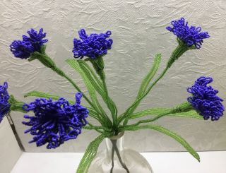 VINTAGE FRENCH GLASS BEADED FLOWERS - Blue Cornflowers,  10”,  6 Flowers,  2 Stems 2