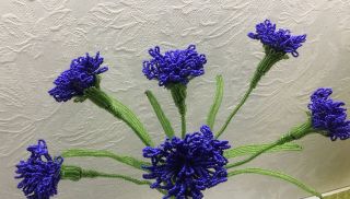 VINTAGE FRENCH GLASS BEADED FLOWERS - Blue Cornflowers,  10”,  6 Flowers,  2 Stems 3