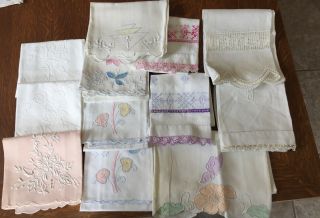 12 Vintage Linen Hand Embroidered Cross Stitch Crochet Appliqué /guest Towels
