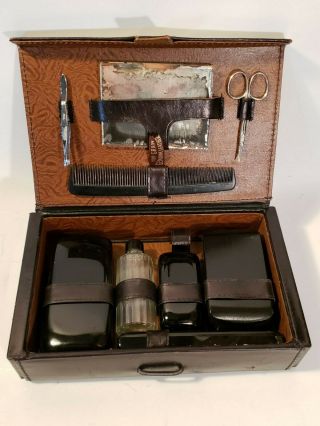 Vintage Sd Mens Travel Grooming Kit Brown Leather Case,  Glass Bottles,  Chrome