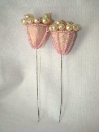 2 Unusual Vintage Hand Made Pink Pearl & Bead Accented Stick Or Hat Pins,  1950s