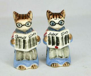 Vintage Anthropomorphic Cats Reading Newspapers Salt And Pepper Shakers