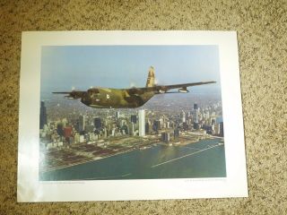 Vintage Lithograph Us Air Force Photo C - 130 Hercules Over Chicago Carl Schoene