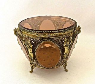 Antique French Ormolu & Beveled Glass Jewelry Dresser Box Casket Brass Gilt Gold