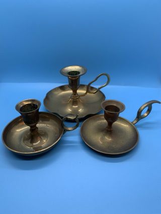 Set Of Three (3) Vintage Solid Brass Candle Holders With Drip Plate And Handle