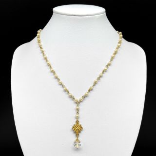 Vintage 1928 Gold Tone Chain Faux Pearl Beaded Clear Crystal Pendant Necklace