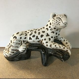 Vintage Ceramic Snow Leopard Laying On Log Spotted Wild Cat Animal Figurine