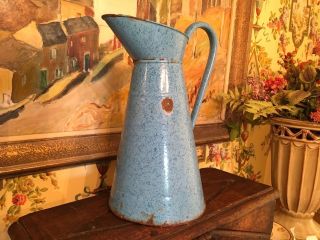 French Antique Blue Enamelware Body Pitcher Graniteware Normandy