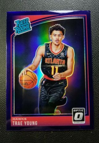 2018 - 19 Trae Young Donruss Optic Holo Purple Prizm Centered 198 Rookie Read