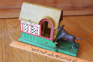 Vintage Mechanical Cast Iron Piggy Bank Donkey Mule Kicking Entering Barn Dog