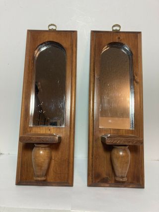 Vintage Wood Mirrored Wall Taper Candle Holder Sconces 16”
