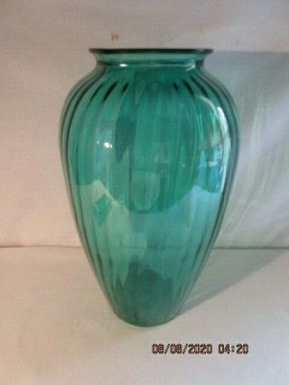 Vintage Anchor Hocking Teal Blue/green Tall Ribbed Glass Vase 12.  75 " H,  Ex