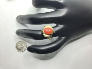 Vintage 14k Yellow Gold And Orange - Red Coral Ring,  Size 6.  75,  3.  3 Grams