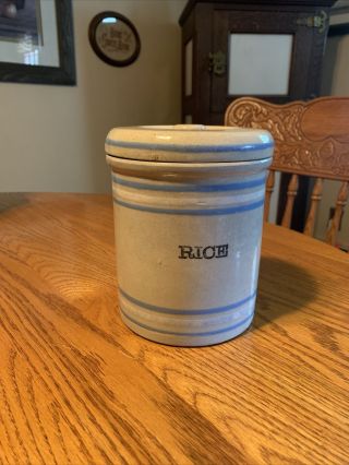 Primitive Vintage Stoneware Crock Rice With Lid With Blue & White Stripes
