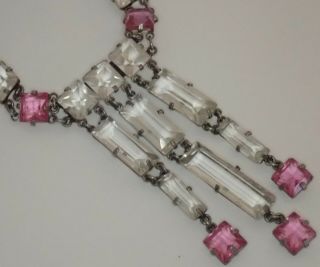 Antique Art Deco Sterling Silver Open Back Set Pink Crystal Glass Stone Necklace