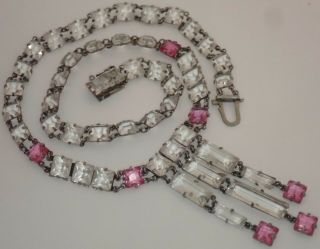 ANTIQUE ART DECO STERLING SILVER OPEN BACK SET PINK CRYSTAL GLASS STONE NECKLACE 2