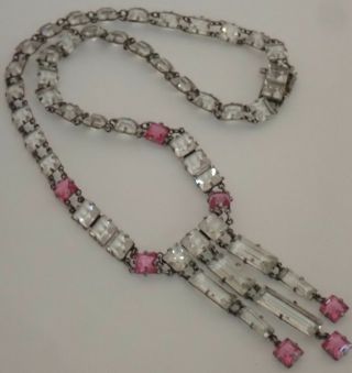 ANTIQUE ART DECO STERLING SILVER OPEN BACK SET PINK CRYSTAL GLASS STONE NECKLACE 3