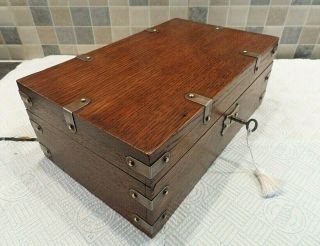 Arts & Crafts Solid Oak Box With Metal Mounts - Relined Interior - Lock & Key