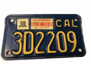 Vintage California Motorcycle License Plate 1972 Ca