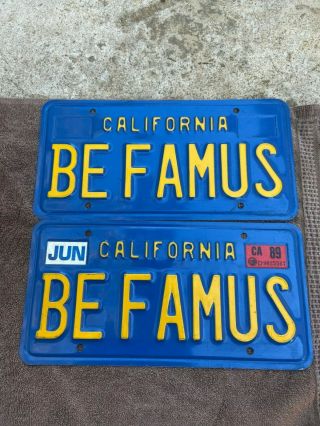 Vintage California Blue Yellow License Plate Be Famus Plates 1989