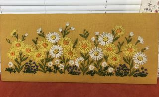Vtg Crewel Embroidery Completed Flowers Daisy Blue White Gold 1972