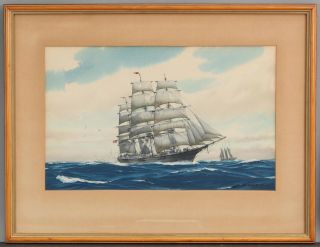 Antique Hunter Wood American Maritime Seascape Clipper Ship Watercolor Painting