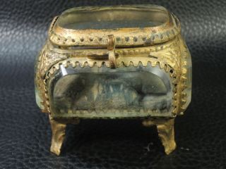 Antique French Jewelry Box rectangular Thick Beveled Glass Bronze Casket Vitrine 2