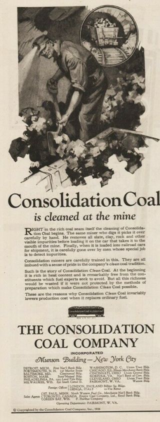1926 Coal Consolidation Coal Company Miner Mine Energy Vintage Print Ad