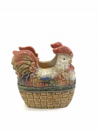 Lefton Vintage Chicken Hen Nesting Basket Ceramic Napkin Holder Euc