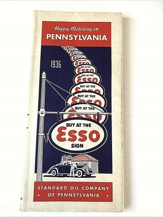 Vintage 1936 Esso Pennsylvania Gas Station Road Map - Standard Oil