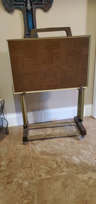 Vintage Set 4 Faux Wood Metal Tv Snack Tray Tables With Stand Clear Wheels.