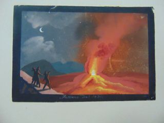 Small Antique Miniature Watercolor Painting Eruption Of Mount Vesuvius At Night