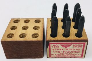 (9) Vintage Millers Falls Tools 1/16” Punches No.  1550 Steel Stamps Numbers 0 - 8