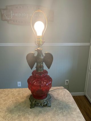 Antique Brass Eagle Ruby Red Glass Table Lamp With Gilded Metal Footed Base