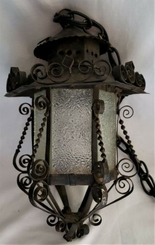 Vintage Gothic Spanish Revival Wrought Iron Electric Hanging Lantern Lamp Lightb