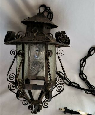 Vintage Gothic Spanish Revival Wrought Iron Electric Hanging Lantern Lamp LightB 2