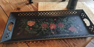 Vintage Nashco Green Tole Tray Hand Painted Flowers Pierced Sides 22 " X 10 "