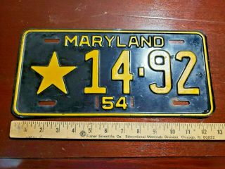 1954 Maryland Star License Plate Yellow On Black Local Government Tag14 - 92
