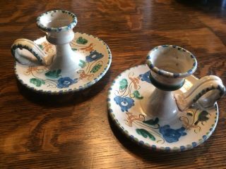 Vintage Italian Candlestick Holders Hand Painted Blue Green Floral Euc