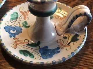 Vintage Italian Candlestick Holders Hand Painted Blue Green Floral EUC 2