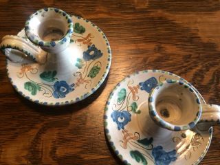 Vintage Italian Candlestick Holders Hand Painted Blue Green Floral EUC 3