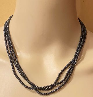 Vintage 3 Strand Black Glass Beaded Necklace With Sterling Silver Magnetic Clasp