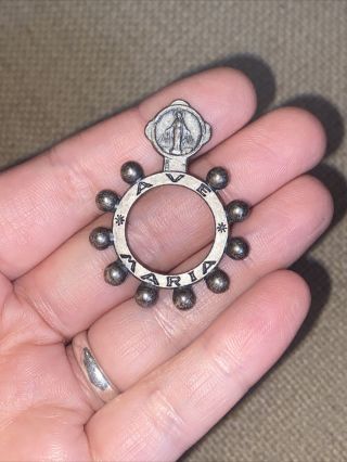 Vintage Silver Tone Catholic Pocket Rosary Finger Ring Ave Maria