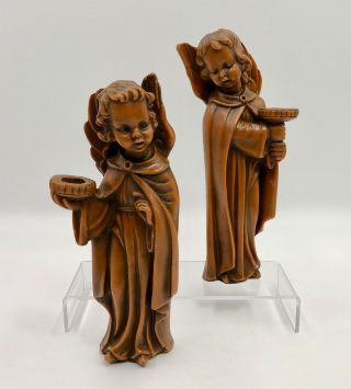Vtg Pair Wax Angel Figurines In Robes Candle Holders Germany Brown Faux Wood 9 "