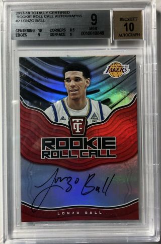 2017 - 18 Panini Totally Certified Lonzo Ball Rc Auto Rookie Roll Call Bgs 9