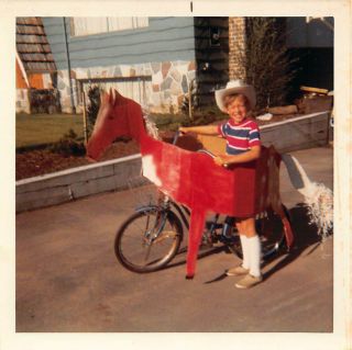 Pony Express Bicycle Homemade Horse Costume Cowboy Kid Vtg 70s Found Photo 505