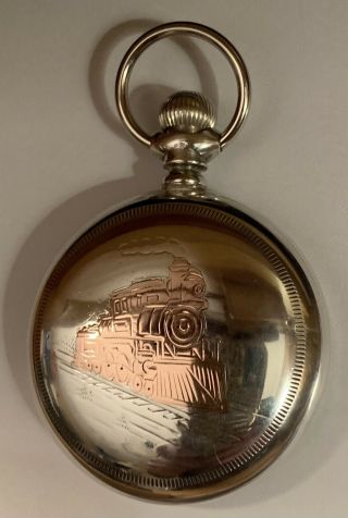 Antique Sterling Silver 18sz.  Pocket Watch Case With Inlaid Gold Train Scene