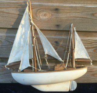 Old Vintage Wooden Pond Yacht Sailing Boat Ship Toy Display Model 1950s 1960s