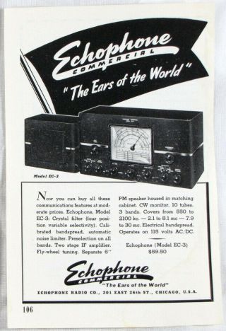 Vintage 1941 Echophone Ec - 3 Receiver Ham Radio Print Ad